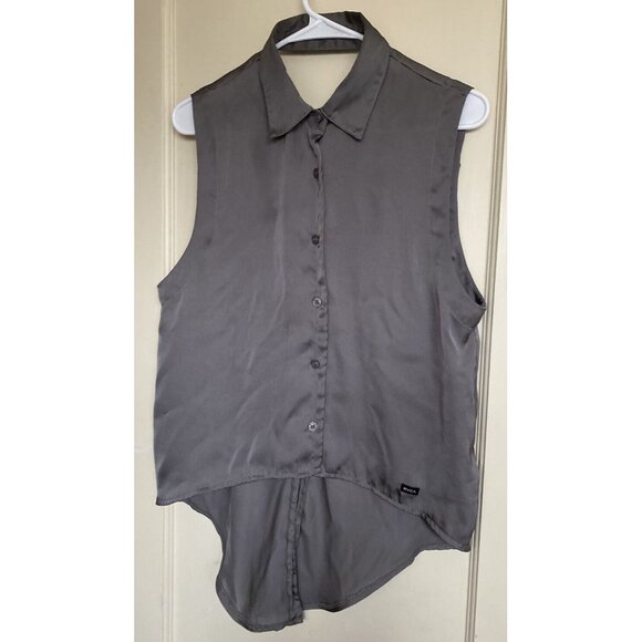 RVCA Gray Satiny Poly Blouse Keyhole Under Back Collar, Shirt Tails, Size XS/S - Picture 4 of 11